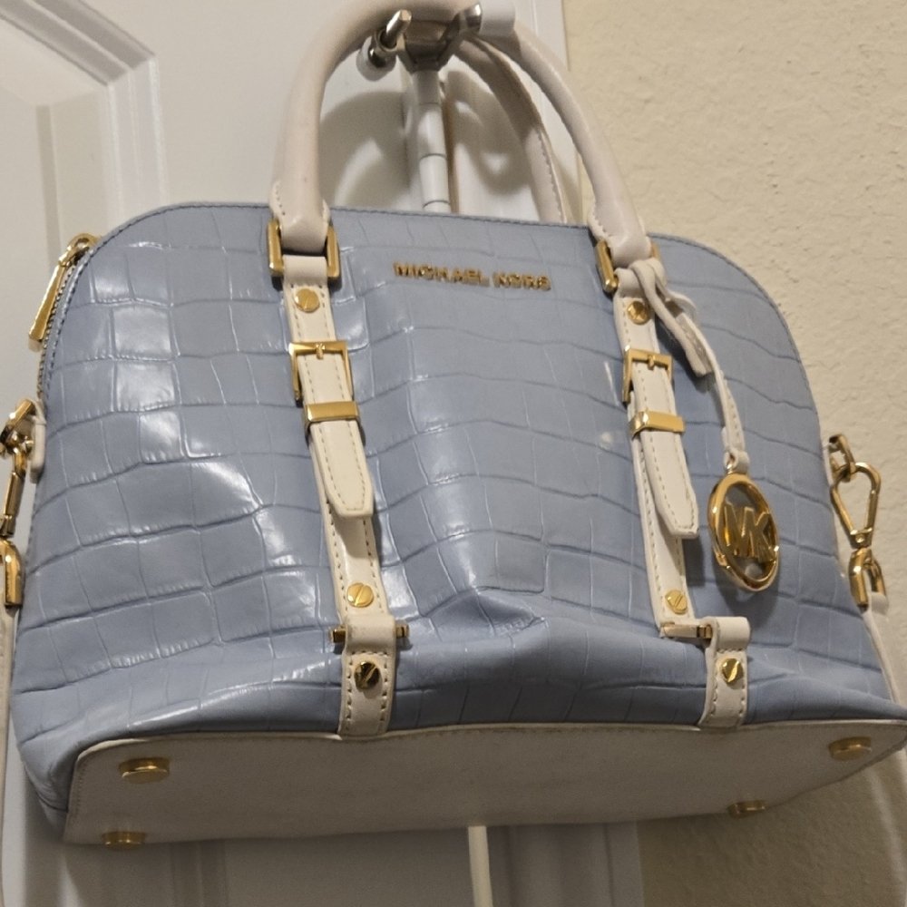 MICHAEL Michael Kors Light Grey Blue Satchel with Crocodile Embossed Texture
